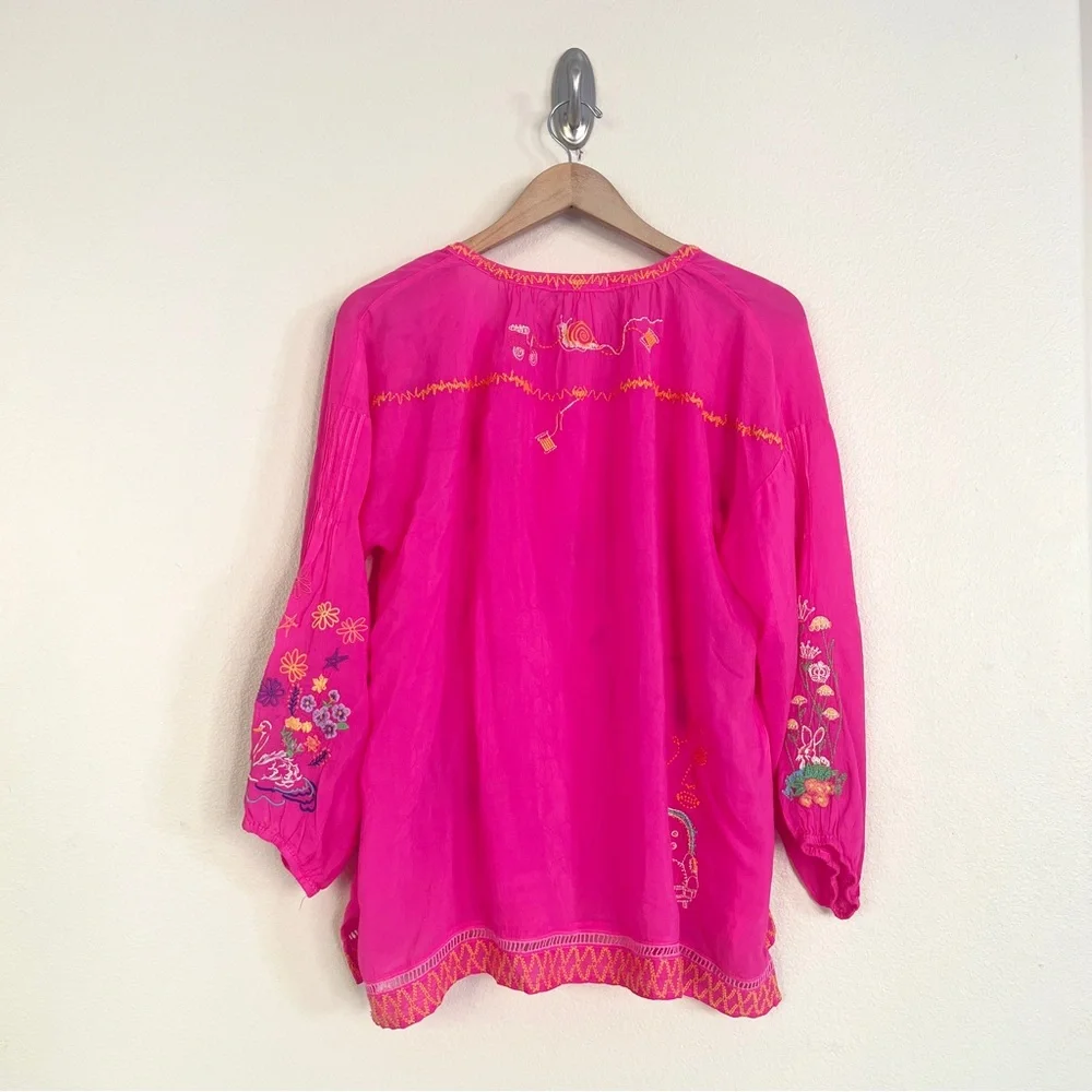JOHNNY WAS Zadonia Embroidered Tie Neck Blouse in Fuchsia Pink